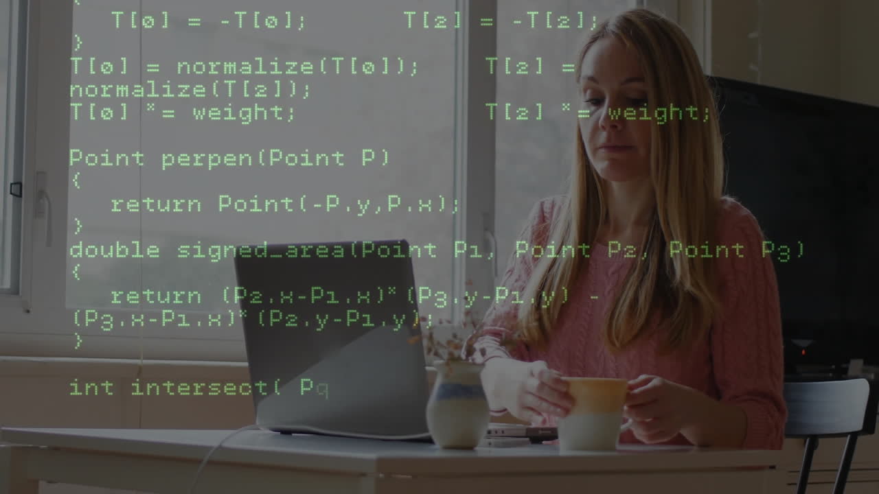 Programming code animation over woman drinking coffee and using laptop