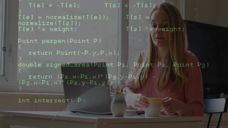 programming code animation over woman drinking coffee and using laptop