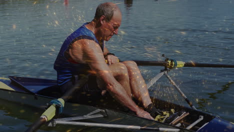 senior male rower gliding on calm lake, showcasing sports technology with golden sparks overlay