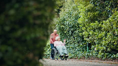 Hombre-Mayor,-Mujer-Y-Silla-De-Ruedas-En-El-Parque-Para-Caminar