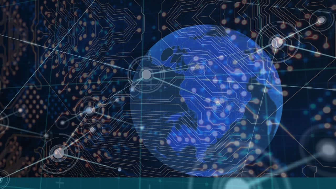 Animation of connections and globe over integrated circuit in navy space