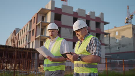 Zwei-Ingenieure-Diskutieren-Auf-Einer-Baustelle-über-Ein-Projekt.-Ein-Arbeiter-Trägt-Bei-Sonnenuntergang-Einen-Helm