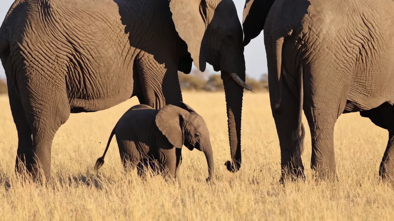 A baby elephant walks between two adult elephants in a sunny savanna