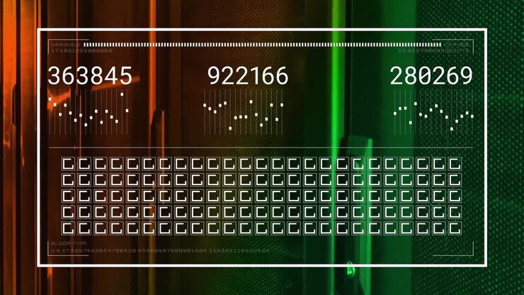 Animation of interface with data processing and network of connections against computer server room