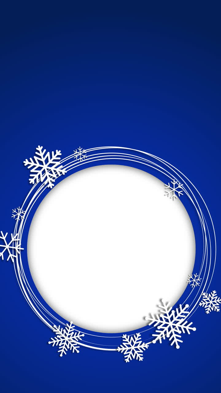 Round frame of scatter white snowflakes on blue background. Design element for festive banner, birthday, greeting card, postcard. Loop animation. Vertical video.