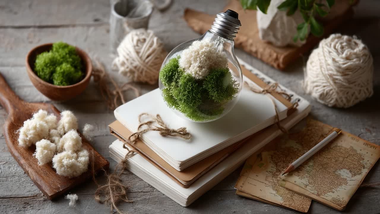 A Creative Display of Nature: A Lightbulb Filled with Lush Green Moss and White Texture Surrounded by Artistic Supplies in a Rustic Setting