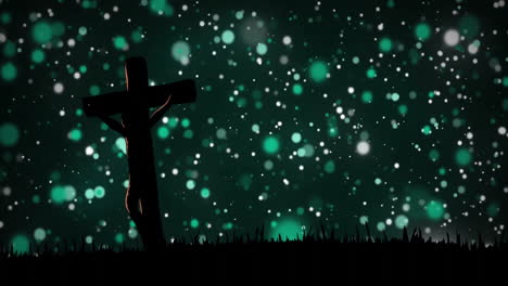 silhouette of person on cross over glowing green particles animation