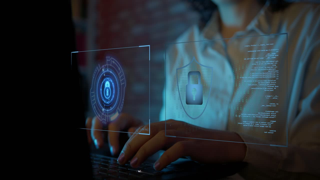 Woman Typing on Laptop with Digital Cybersecurity Interface