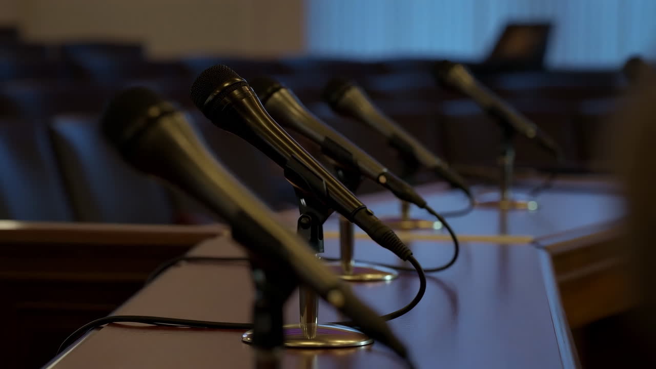Microphones lined up on a table in an empty conference or press room, awaiting an event