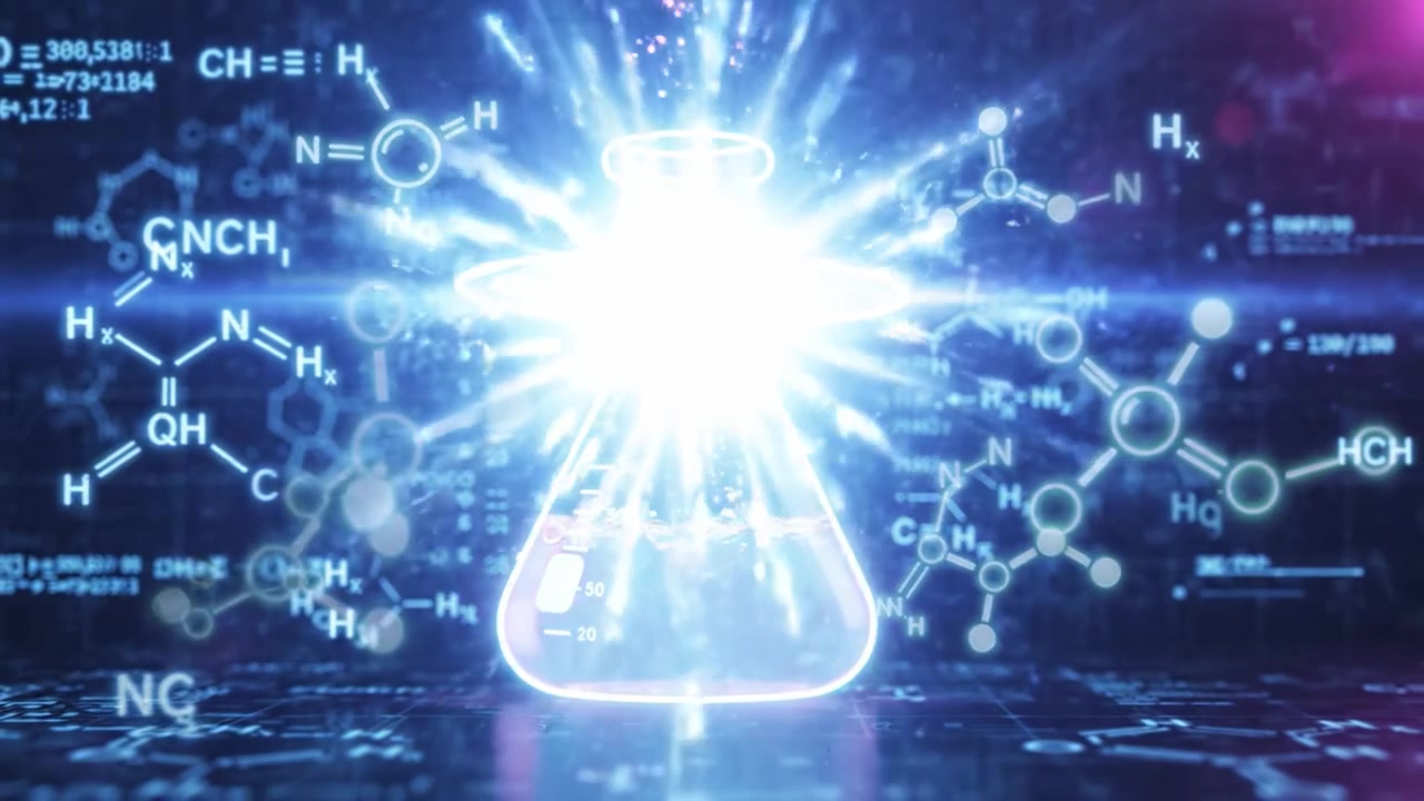 Un affascinante viaggio attraverso la chimica: esplorando la vivida trasformazione dei fluidi in apparecchiature da laboratorio al neon con bolle che indicano un processo di reazione dinamico.