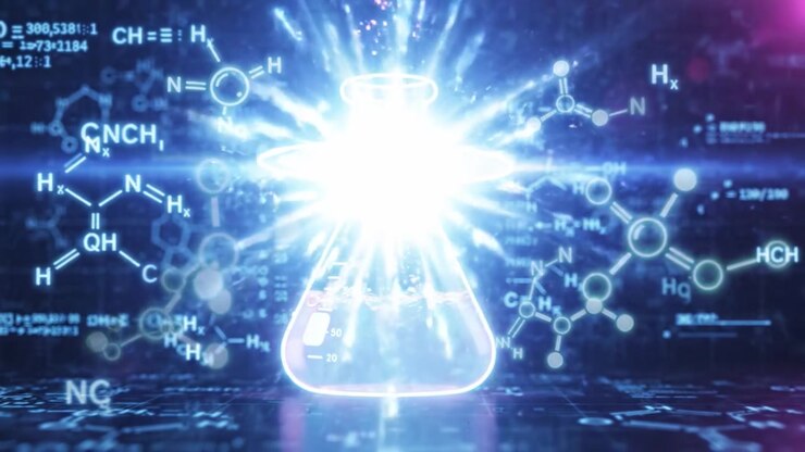 Un affascinante viaggio attraverso la chimica: esplorando la vivida trasformazione dei fluidi in apparecchiature da laboratorio al neon con bolle che indicano un processo di reazione dinamico.