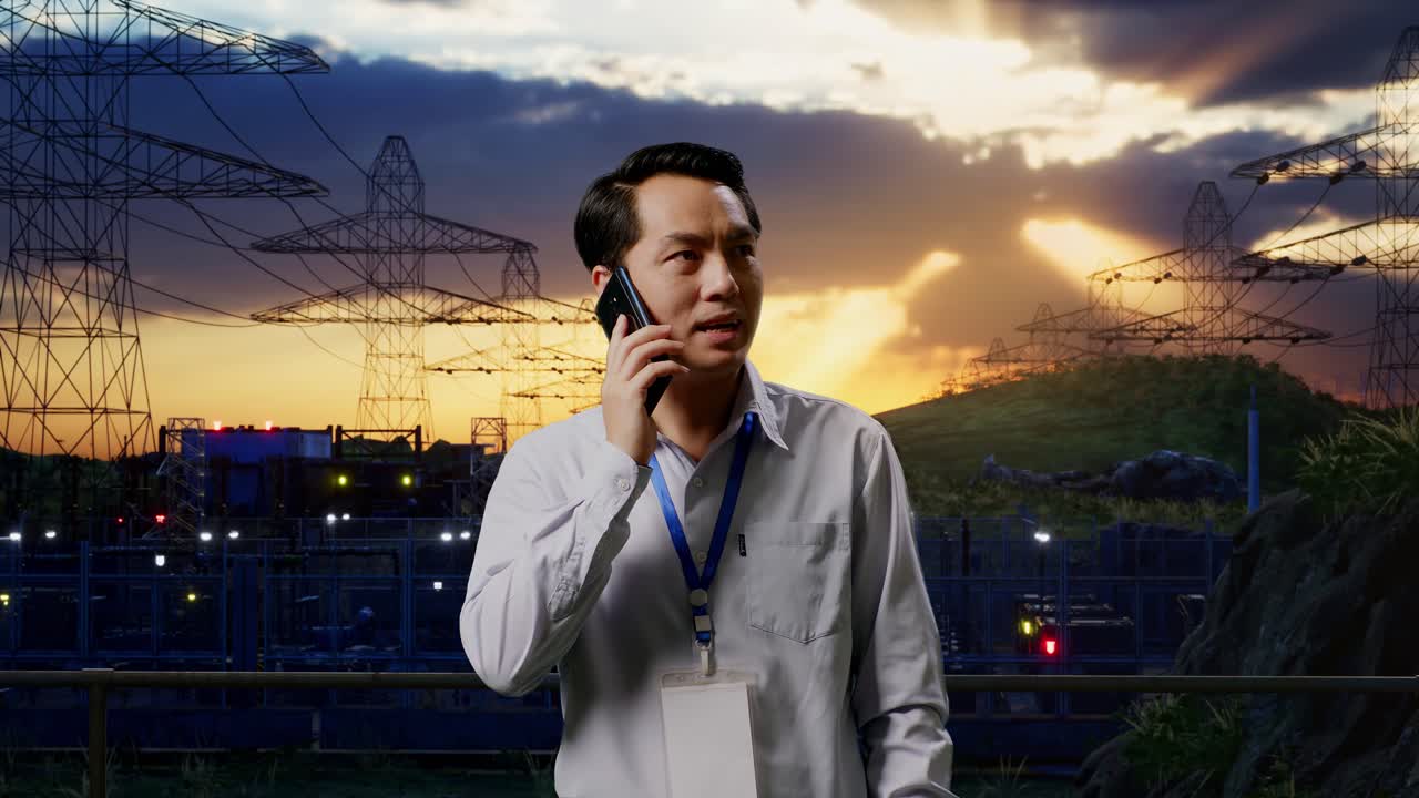 Asian Male Professional Worker Standing Near High Voltage Tower, Industrial Facility, He Pick The Phone Up And Started To Speaking With It
