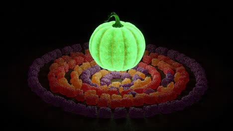 a radiant green pumpkin illuminates an intricate spiral arrangement of colorful candies, creating a mesmerizing visual experience in a dark background