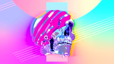 glamorous skull spinning on a pink background, synthwave background loopable