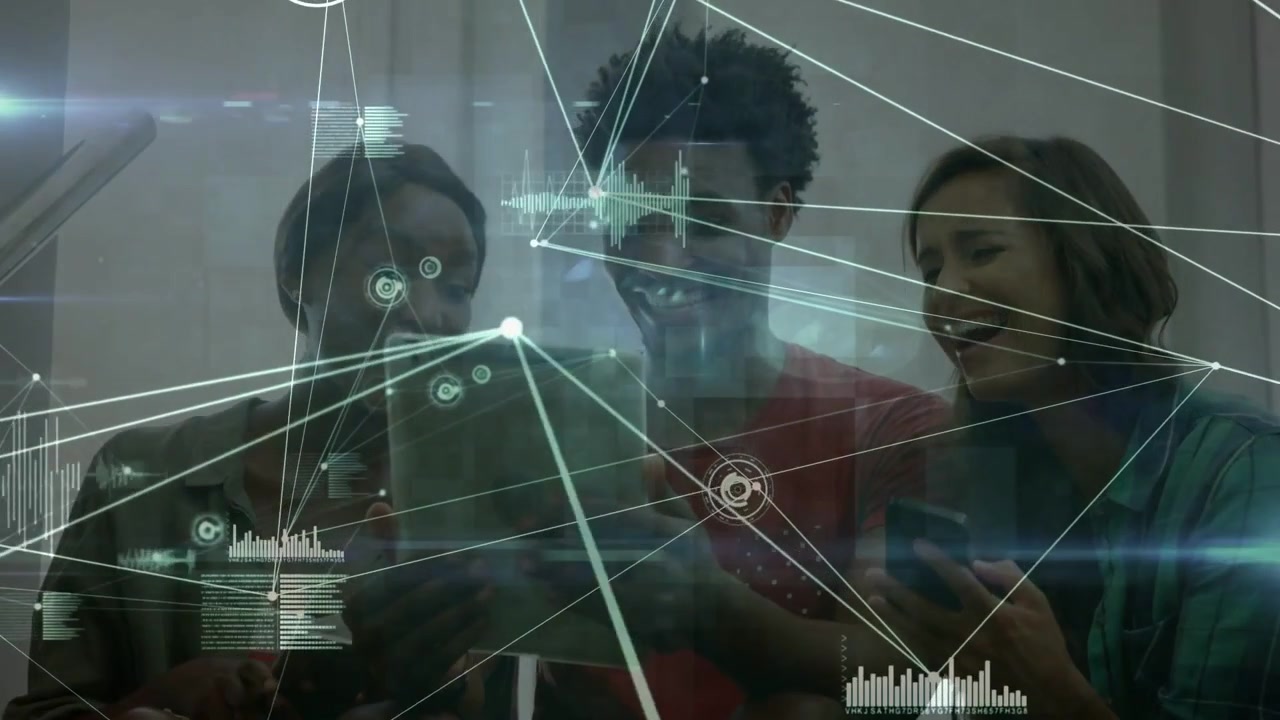 Man lifting tablet team leaning in tapping phones AR overlay activating across glass reviewing tech