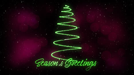 Animation-of-snow-falling-over-season's-greetings-text-and-christmas-tree-formed-with-shooting-star