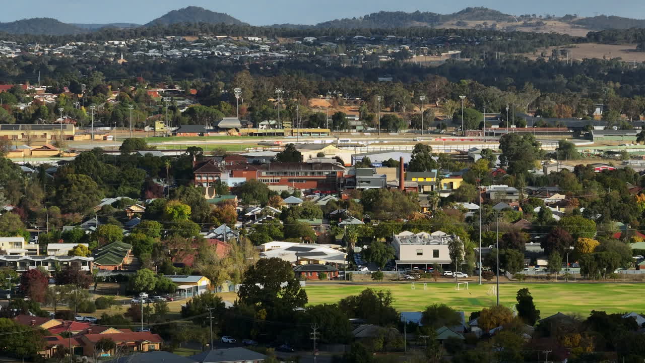 Aerial: Drone shot of sports fields and grounds in Wagga Wagga, NSW Australia