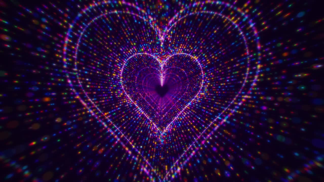 추상적인 다채로운 줄무 입자 심장 모양의 터널 배경 루프