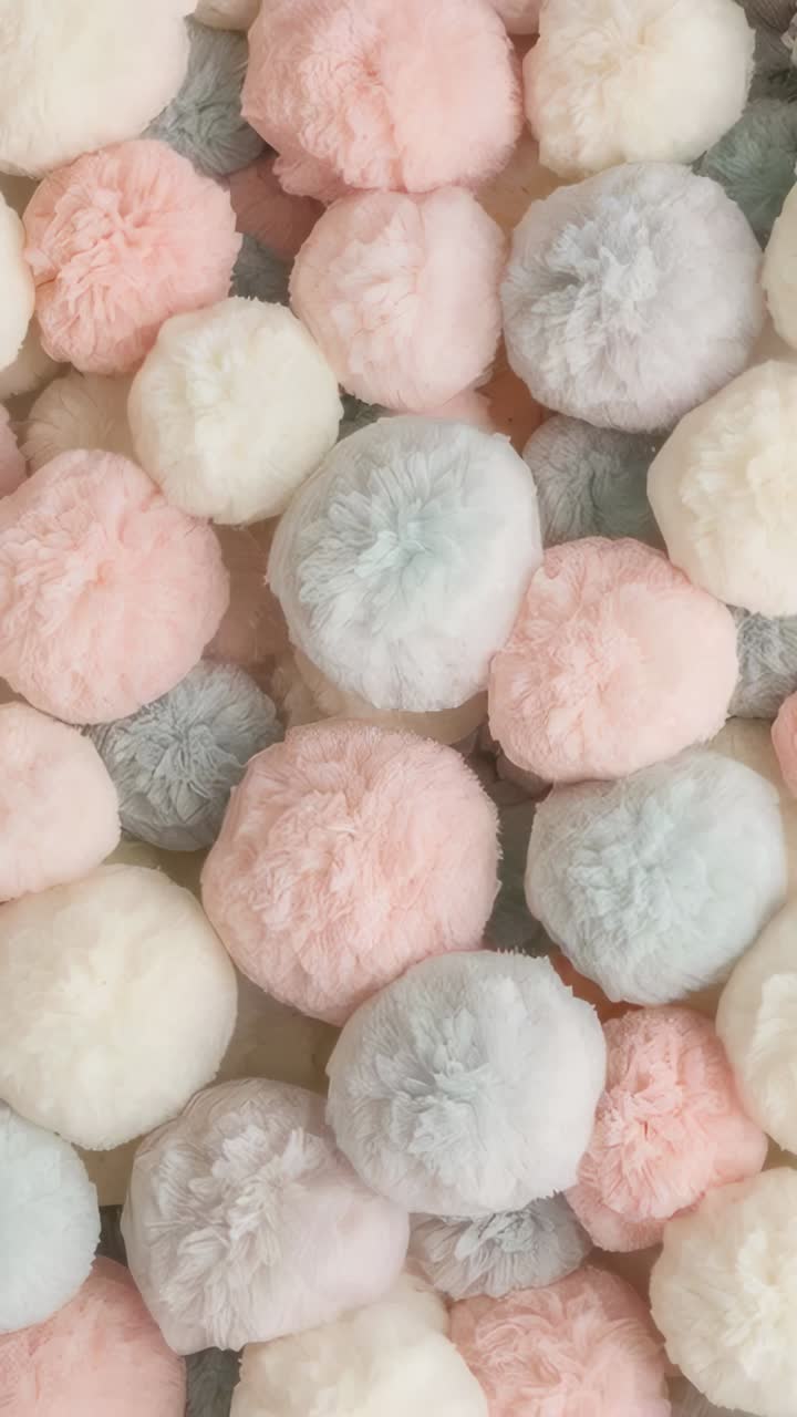 Vertical video: Sliding camera moving upward to reveal adjacent pastel pom-poms on fabric