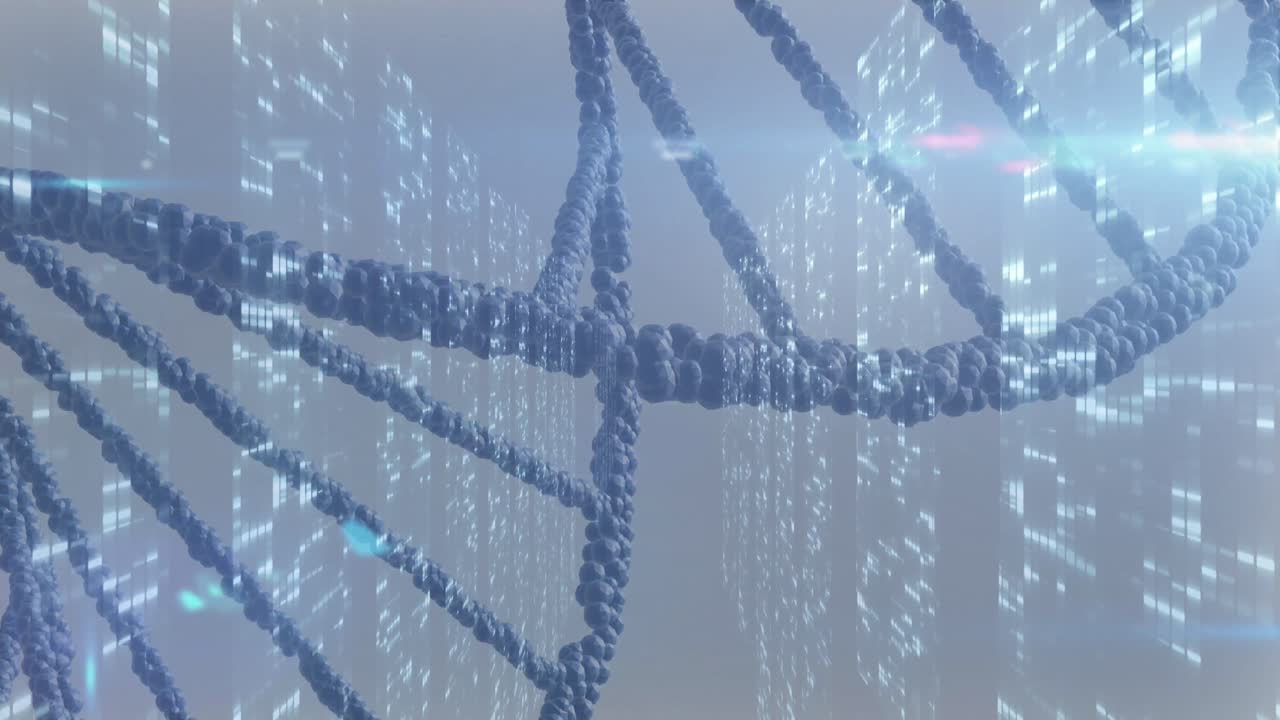 파란색 배경의 모자이크 사각형 스크린에 대한 dna 구조와 빛 점의 애니메이션