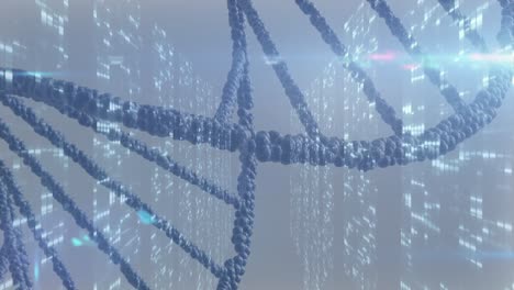 animación de la estructura del adn y el punto de luz contra pantallas de cuadrados de mosaico sobre fondo azul