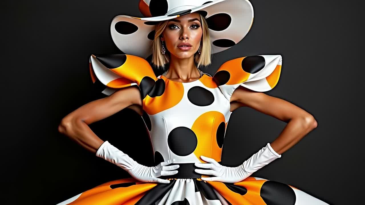 A woman in a polka dot dress and hat posing for a picture