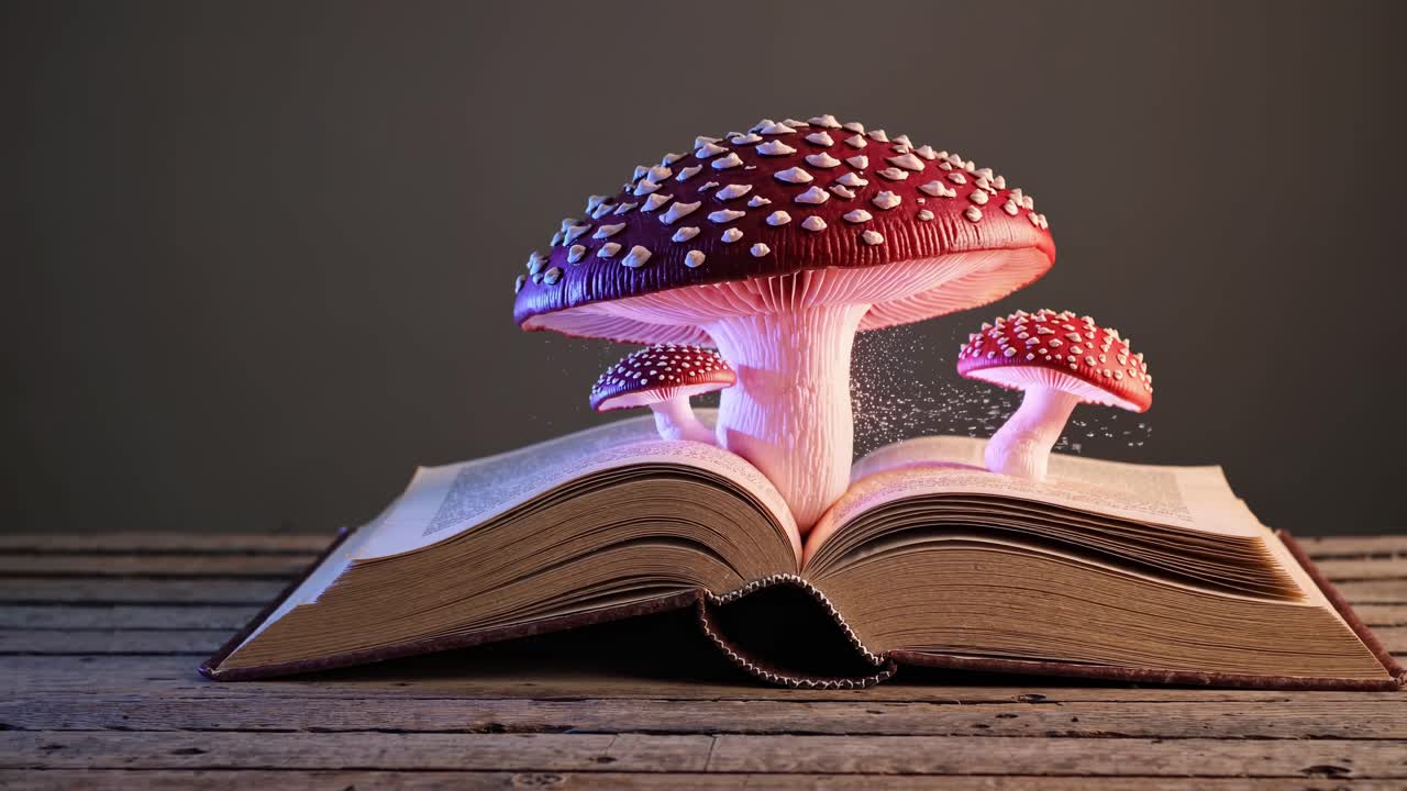 Surrealistisch videoconcept met paddenstoelen die uit een open boek groeien