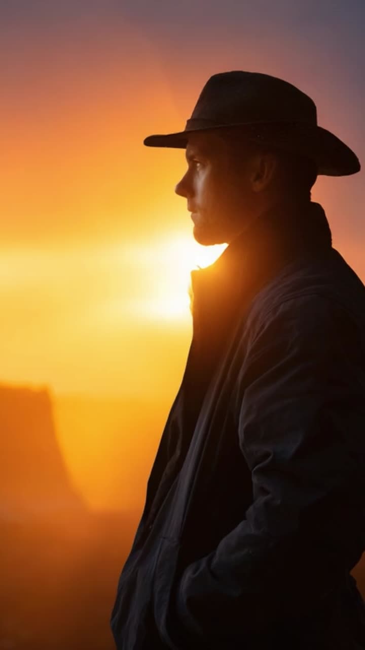 Una figura contemplativa in controluce al tramonto, che cattura la bellezza della natura e la riflessione umana in un paesaggio sereno