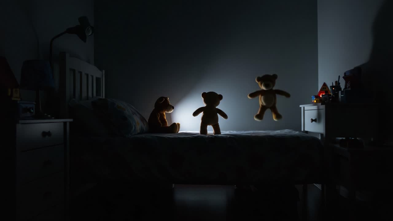 A Dreamy Night Scene Featuring Three Adorable Teddy Bears Illuminated by a Soft Light in a Cozy Bedroom, Evoking Childhood Memories and Imagination