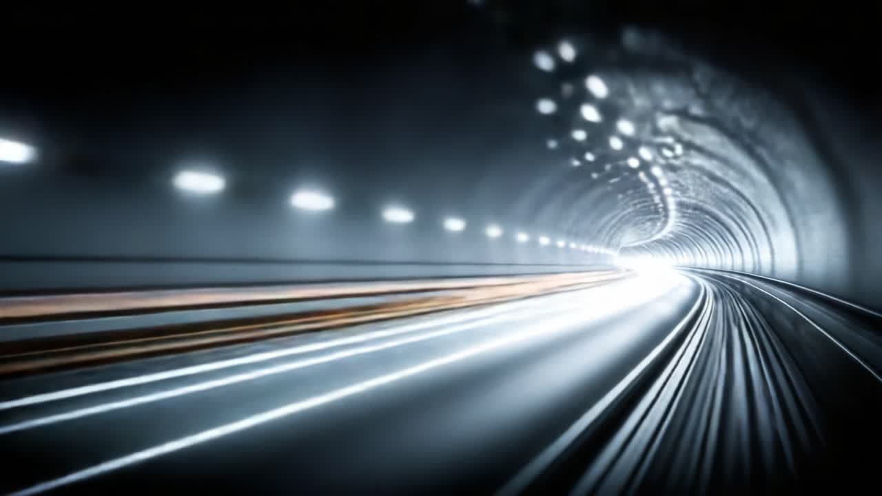 Un viaggio dinamico attraverso un tunnel illuminato che mostra movimento e luce con il bagliore emanato dalla velocità e linee ininterrotte che creano un'atmosfera serena ma emozionante
