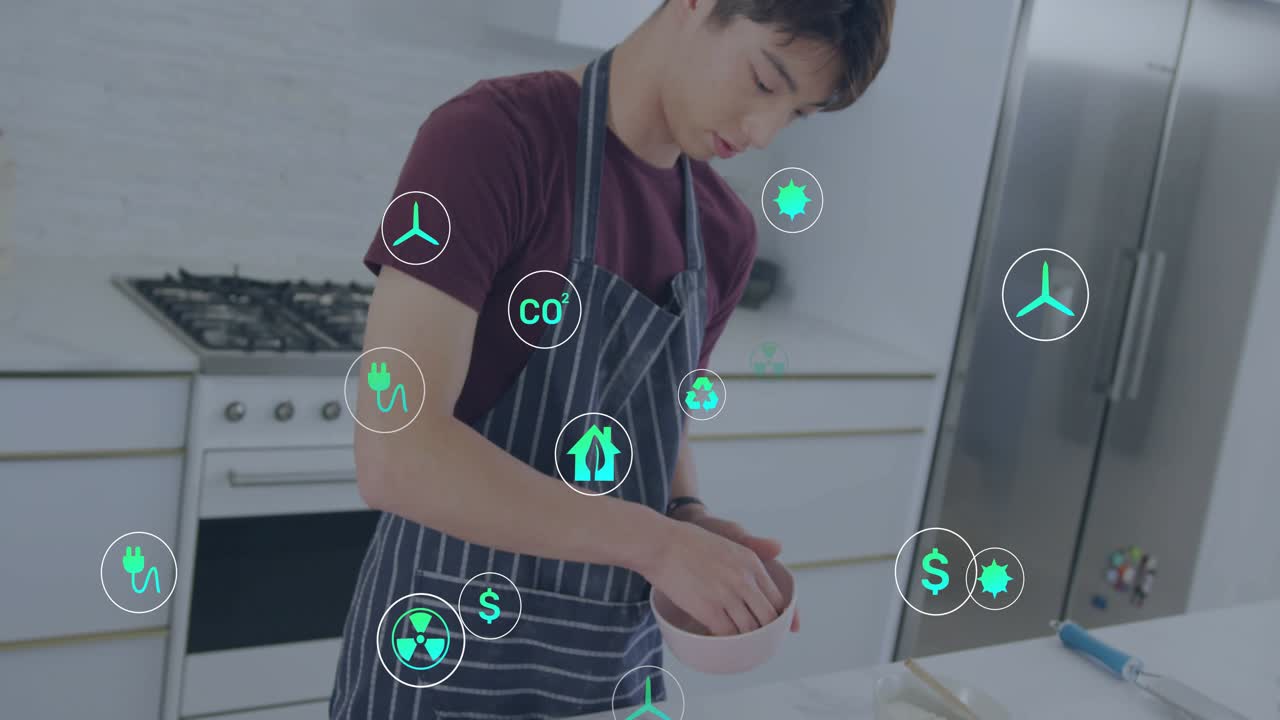 Male teen seasoning pizza from pink bowl, sprinkling peppers while UI icons highlighting recipe