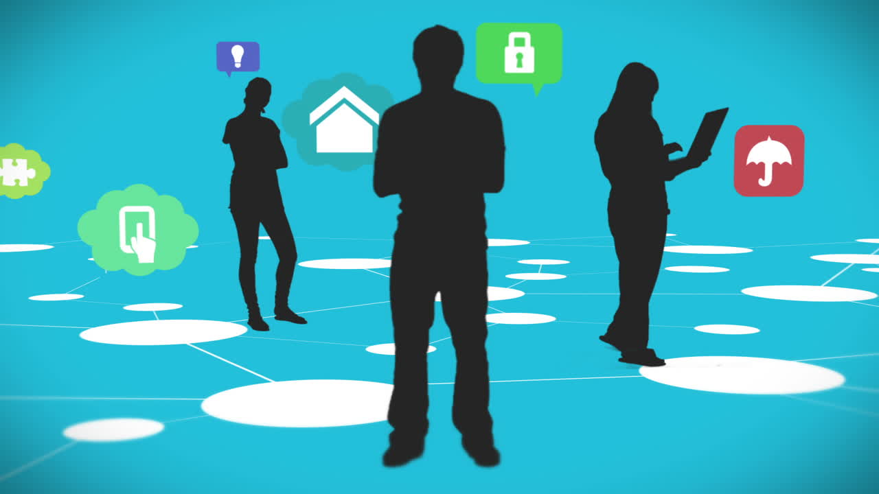 앱 아이콘과 함께 연결 라인에 서 있는 캐주얼 사람들