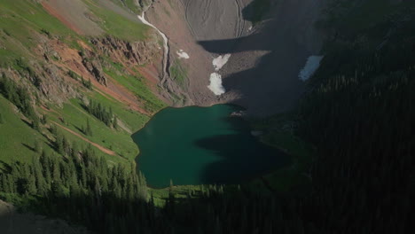 Colorado-Blue-Lakes-Mount-Sniffels-Wilderness-aerial-drone-cinematic-scenic-summer-San-Juans-Rocky-Mountains-Ridgway-Dallas-Range-14er-Million-Dollar-Highway-snow-melt-peaks-pan-down-to-water-movement