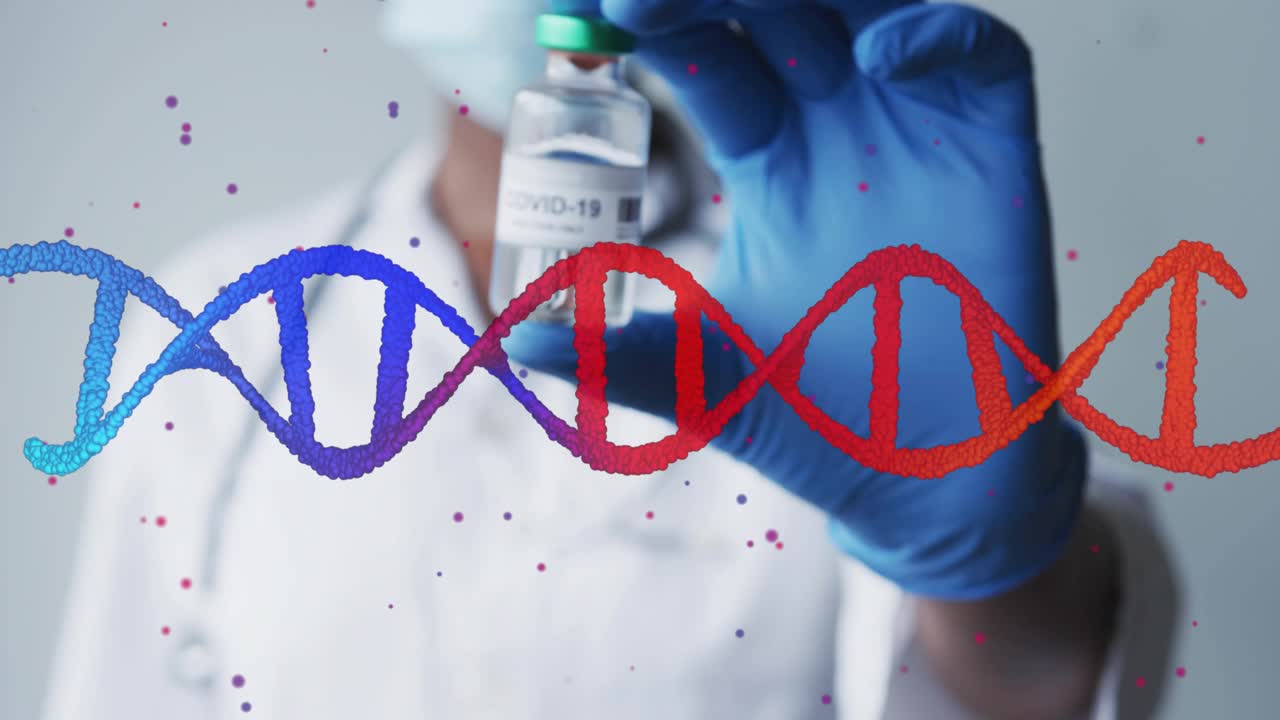 Clinician raising hand as particles coalescing into DNA, displaying COVID-19 Vaccine vial