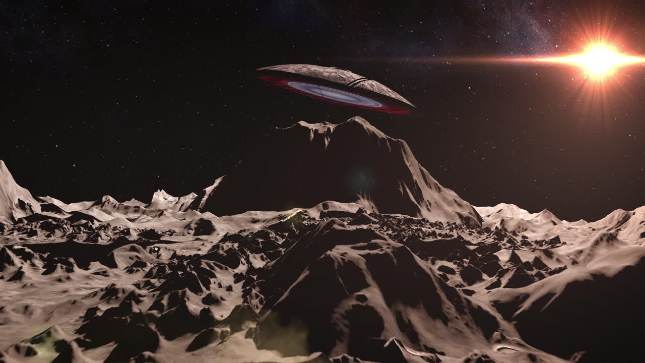 un ovni flotando sobre una montaña en un planeta alienígena.