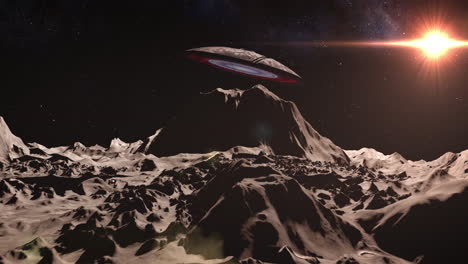 ufo hovering over a mountain on an alien planet