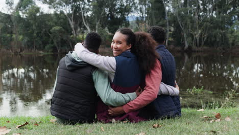 nature friends, lake and people hug