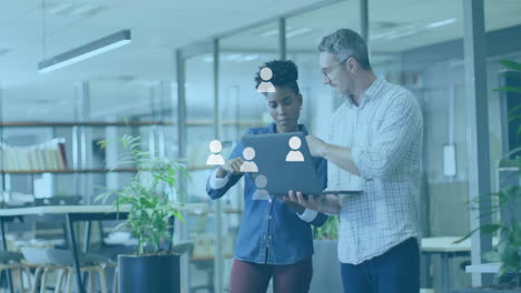 discussing project over team collaboration animation, business people in modern office