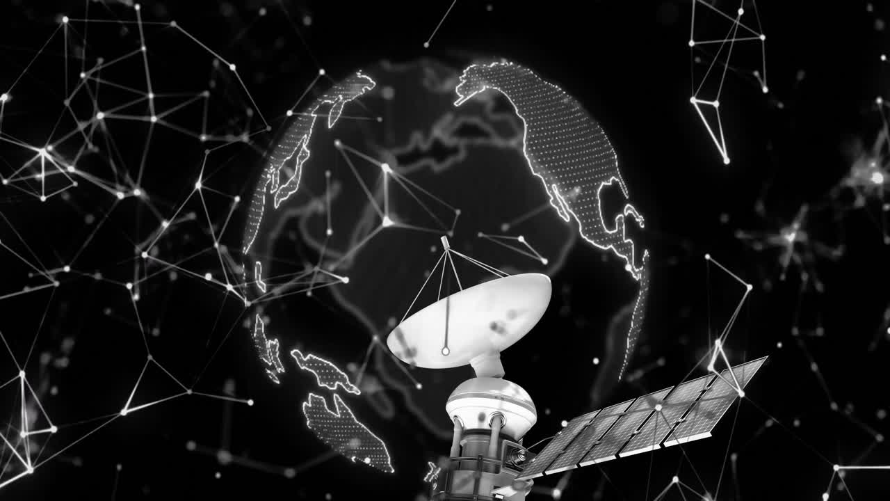 анимация спутника над земной поверхностью и сети соединений на черном фоне