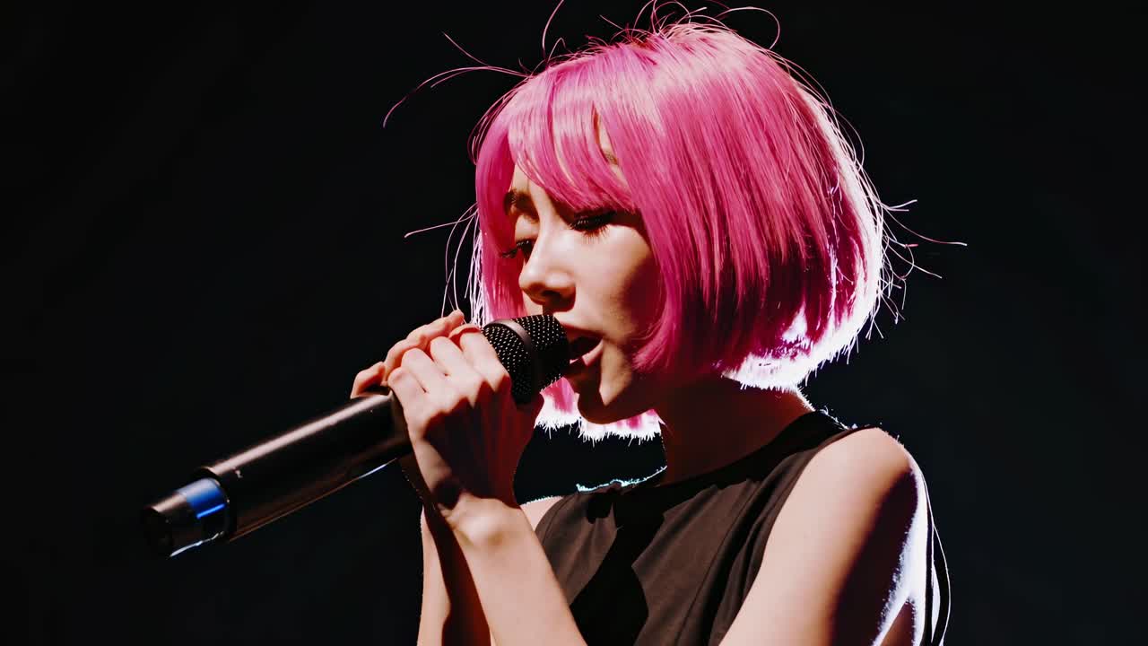 A vibrant video scene with a close-up, low-angle shot of a singer with pink hair, bathed in dramatic