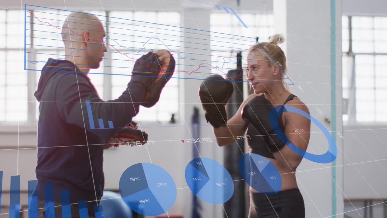 Træner flytter boksepuder, guider bokser, der slår slag i fitnesscenter, med dataoverlejring der tester fodarbejde.