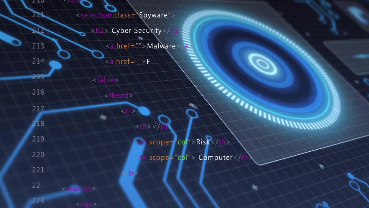 HTML code appearing left, spawning blue traces sweeping to pulsing HUD, showing cyber threats