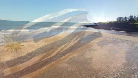 Animación-De-La-Bandera-De-Uruguay-Ondeando-Sobre-La-Soleada-Playa-Y-El-Mar.