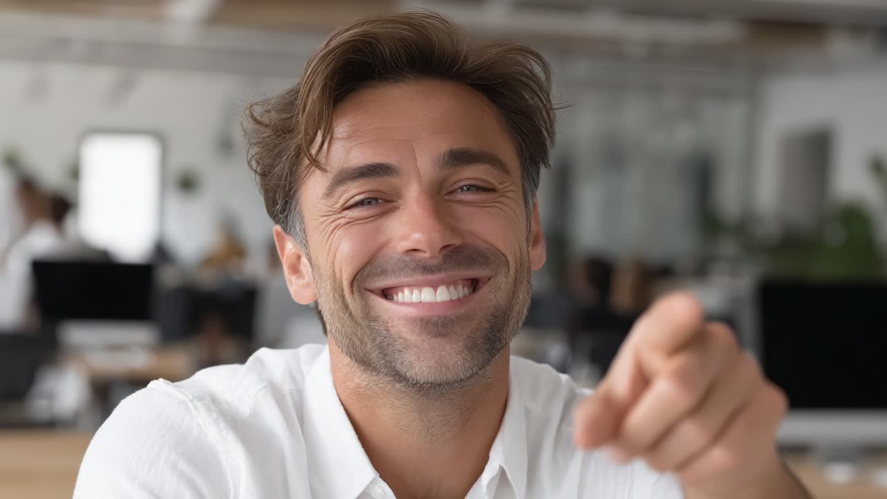 A Smiling Man Pointing and Celebrating Success in a Modern Workspace, Exuding Confidence, Joy, and Professionalism in an Engaging Moment of Connection