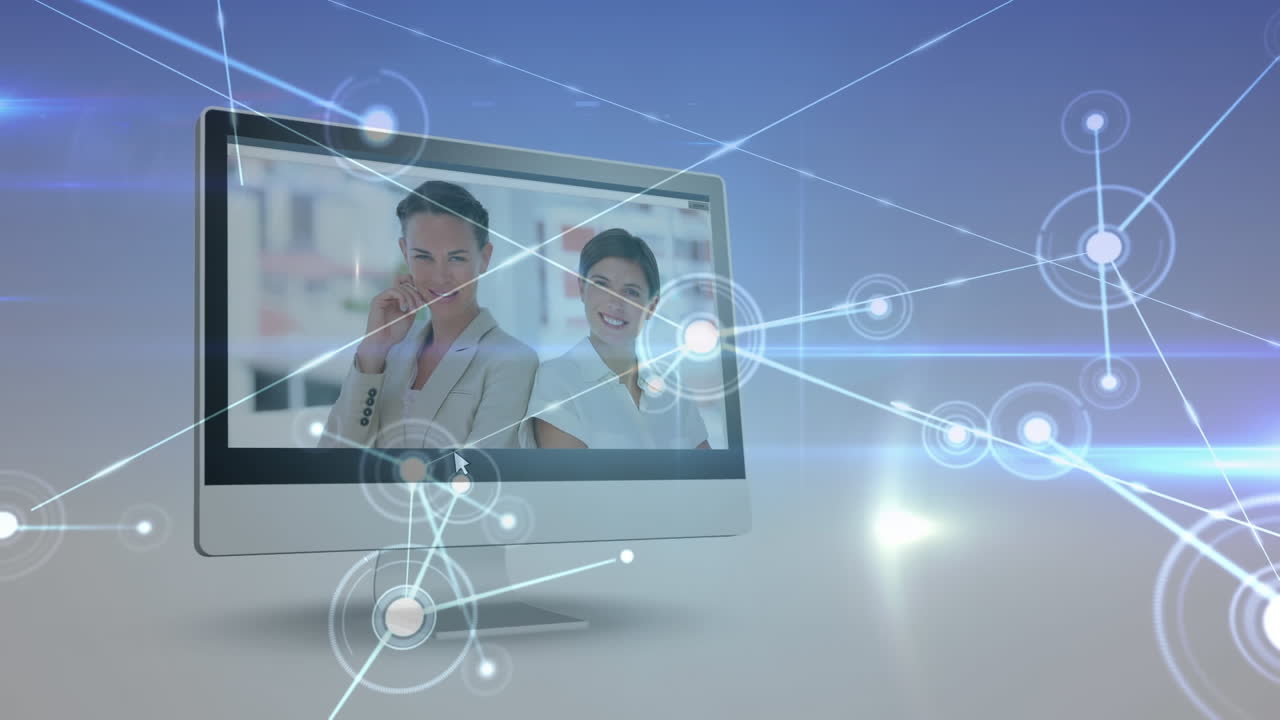 animación de puntos conectados sobre diversas personas de negocios en el monitor contra un fondo abstracto.