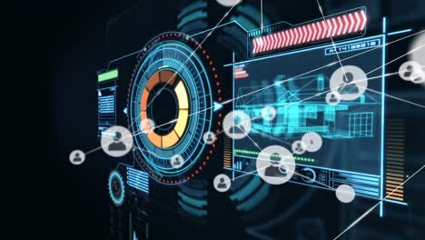 Animation-of-network-of-connections-with-icons-over-scope-scanning-and-data-processing