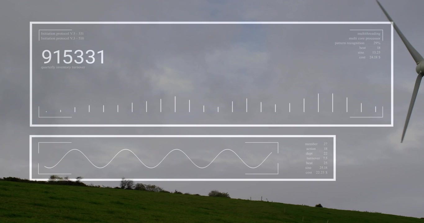 HUD panels activating, updating data and graphs as camera panning right showing turbine monitoring