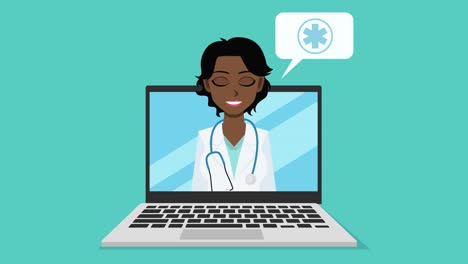 cartoon style, colorful animation of online medical consultations. black female doctor is talking on a laptop screen.