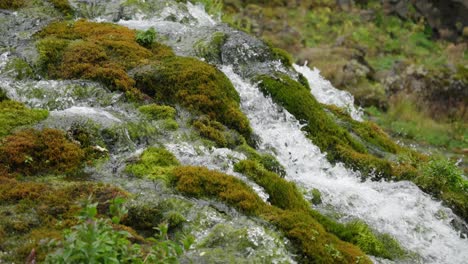 panning close up of beautiful streams of small waterfalls run into a crystal clear and clean river