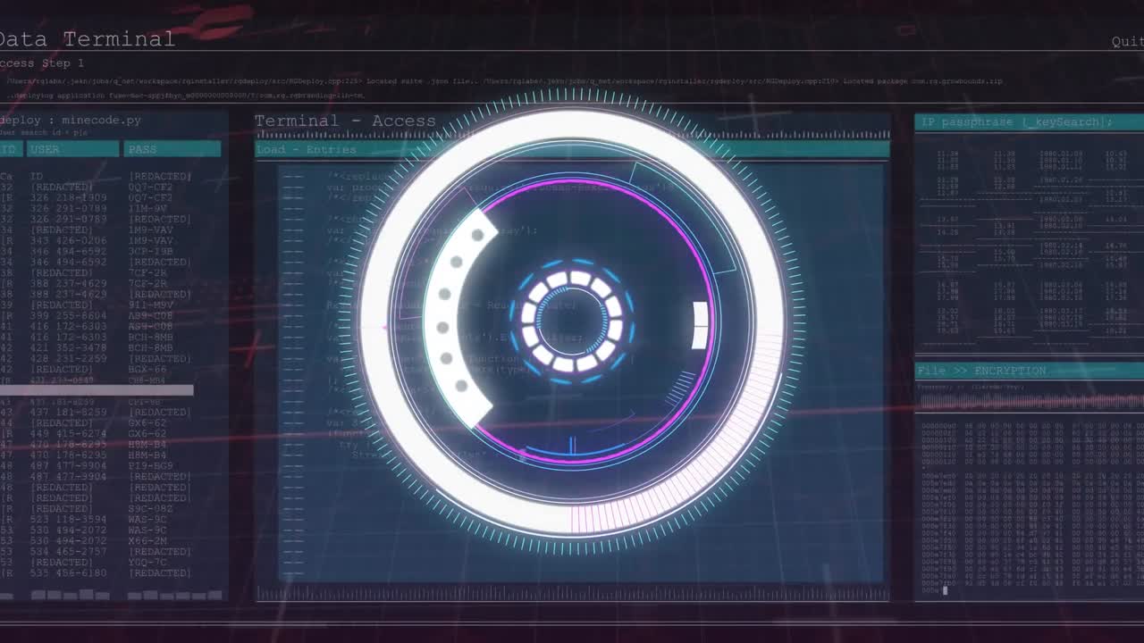 Animation of neon round scanner over interface with data processing against black background